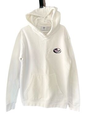 Adidas White Graphic Sweatshirt Hoodie Kangaroo Pocket Crew Cuffs Hem M - 11/12